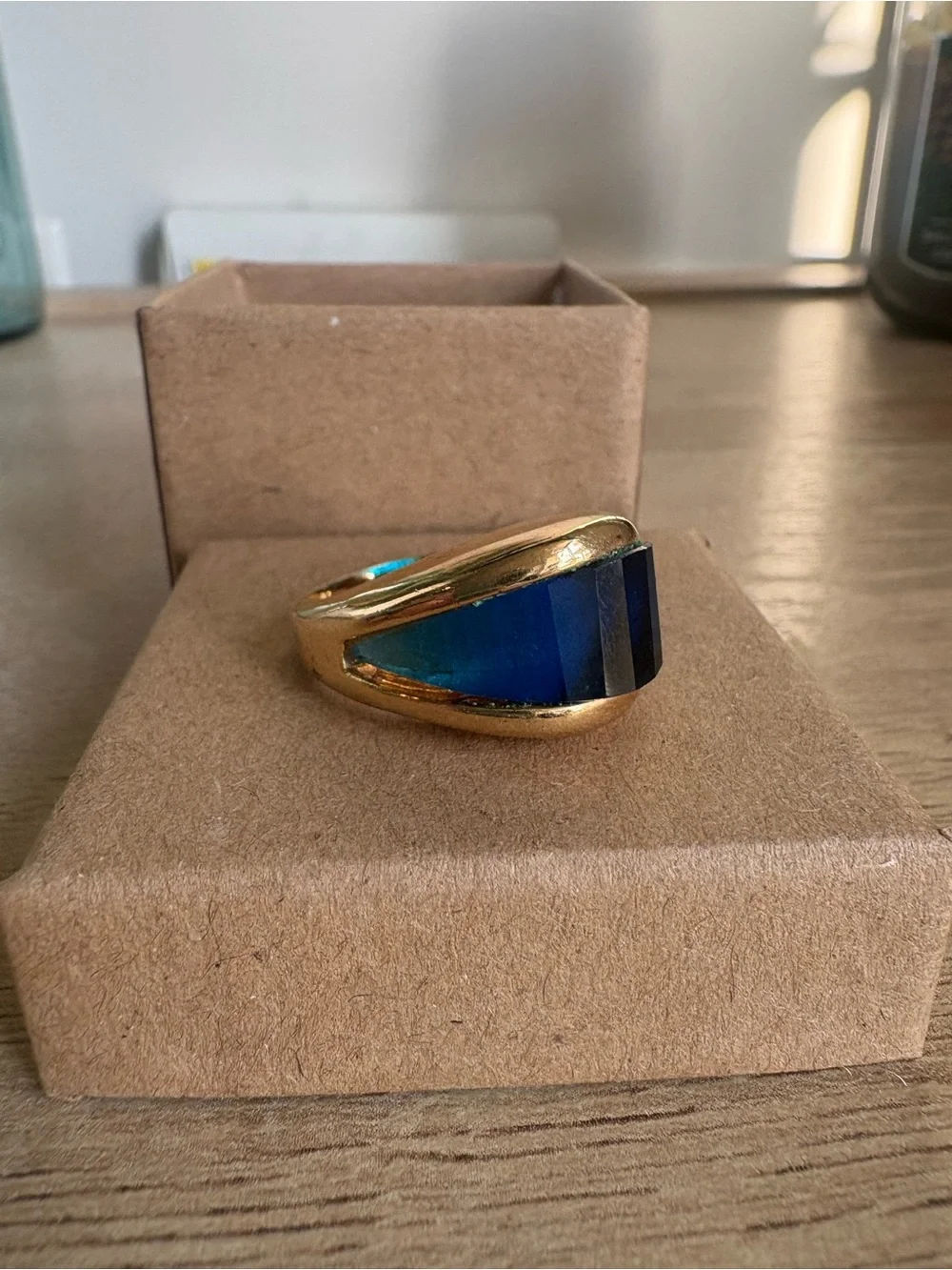 Gold-Tone Ring with Deep Blue Faceted Stone - Women Jewelry